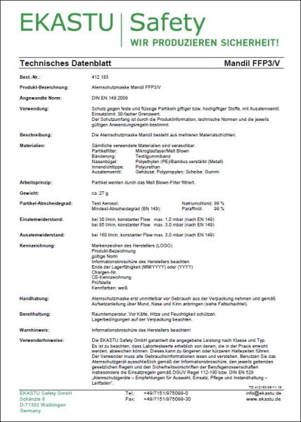 Atemschutzmaske FFP3/V Typ Mandil