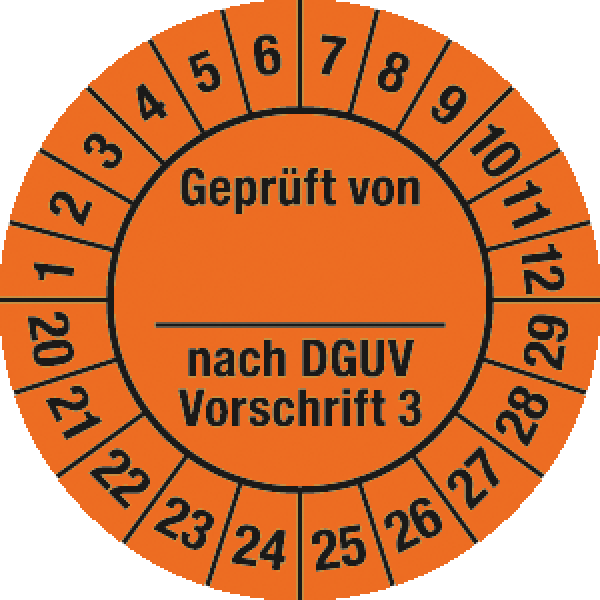 Prüfplakette "Geprüft von ... nach DGUV Vorschrift 3" 2,5 cm Ø ab 2020